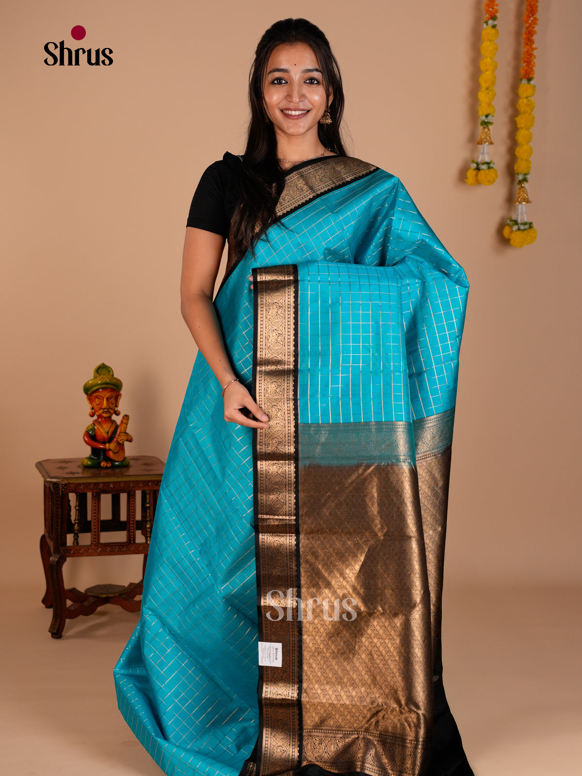 Buy Adorable Sky Blue Kanchipuram silk Saree With Gold Checks, Black Zari Border & Brocade Pallu