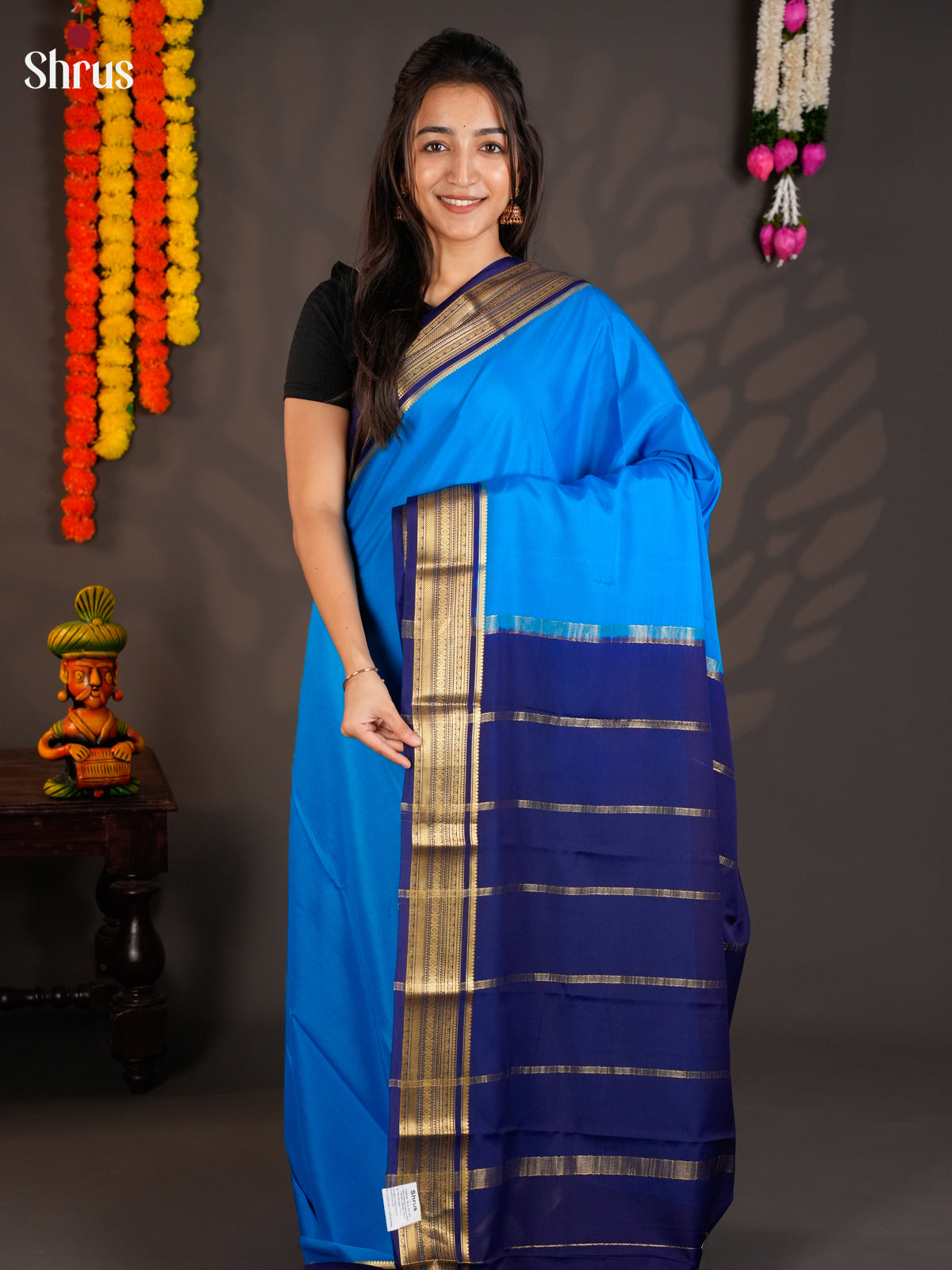 Buy Celestial Sky Blue Mysore Silk Saree with Gold Zari Border & Blue Traditional Striped Pallu