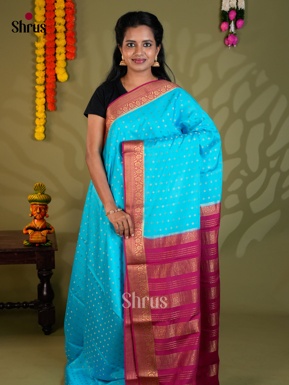 Buy Celestial Sky Blue Mysore Silk Saree with Gold Zari Buttas, Dark Pink Border & Traditional Pallu