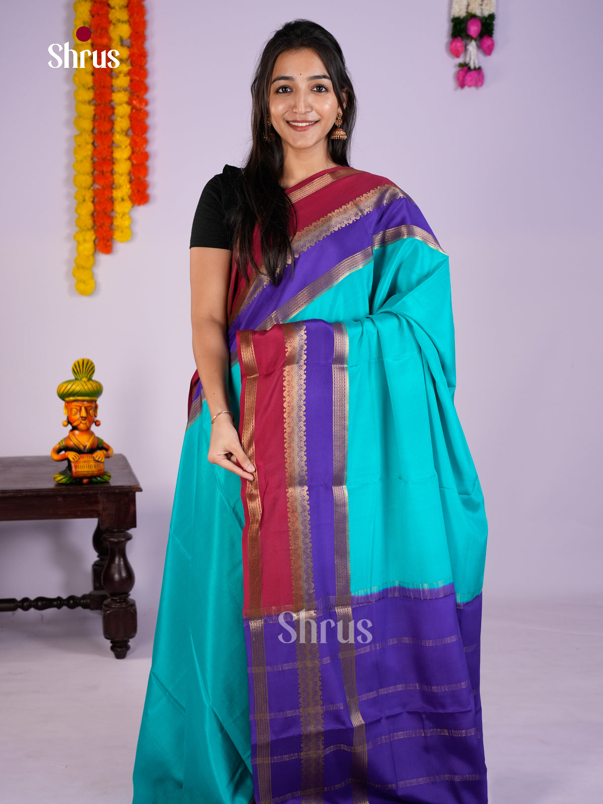 Buy Celestial Sky Blue Mysore Silk Saree with Maroon & Blue Double Border And Traditional Pallu