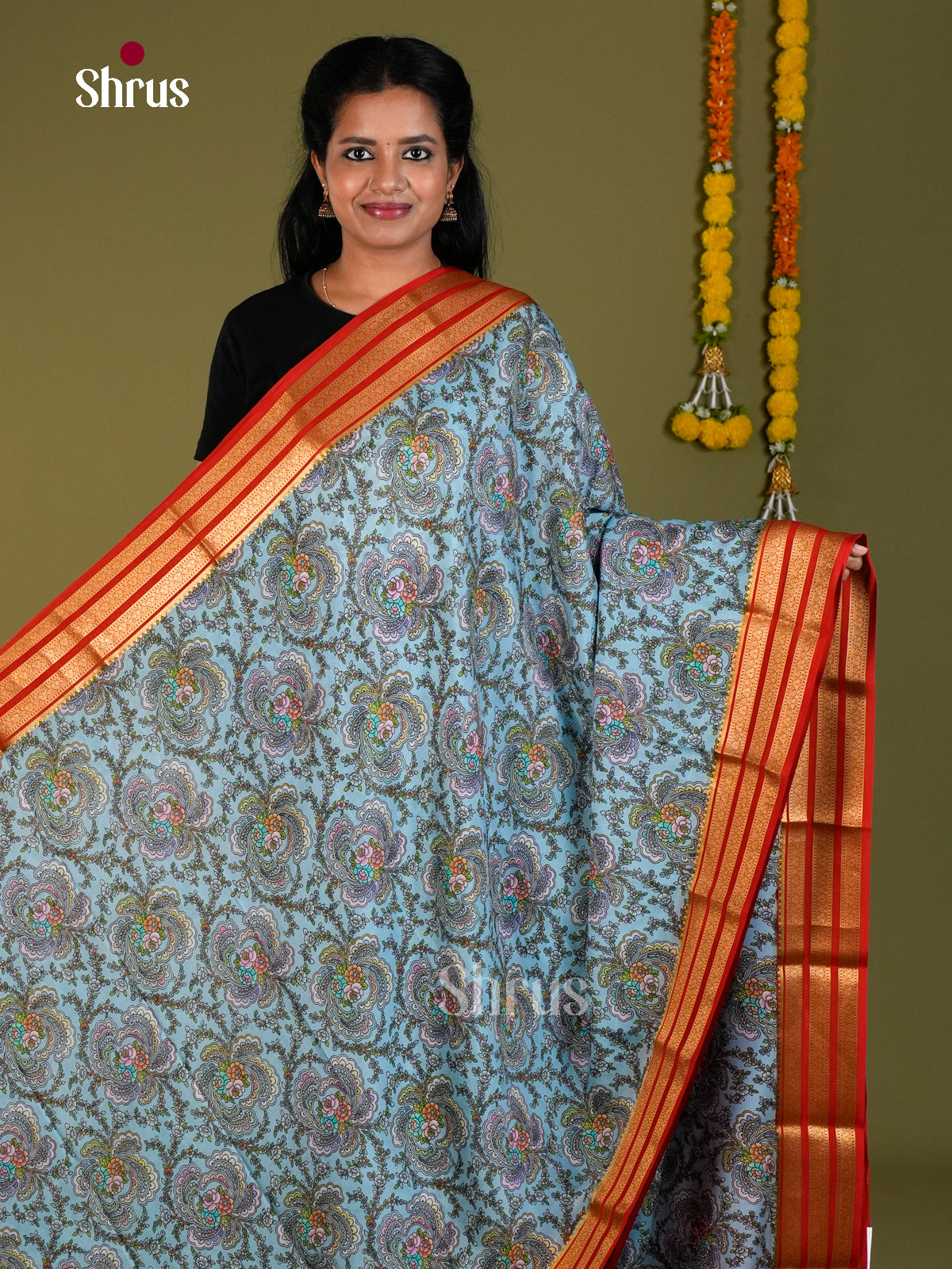 Buy Majestic Sky Blue Mysore Silk Sarees with Kalamkari Style Floral Print & Red Zari Striped Border