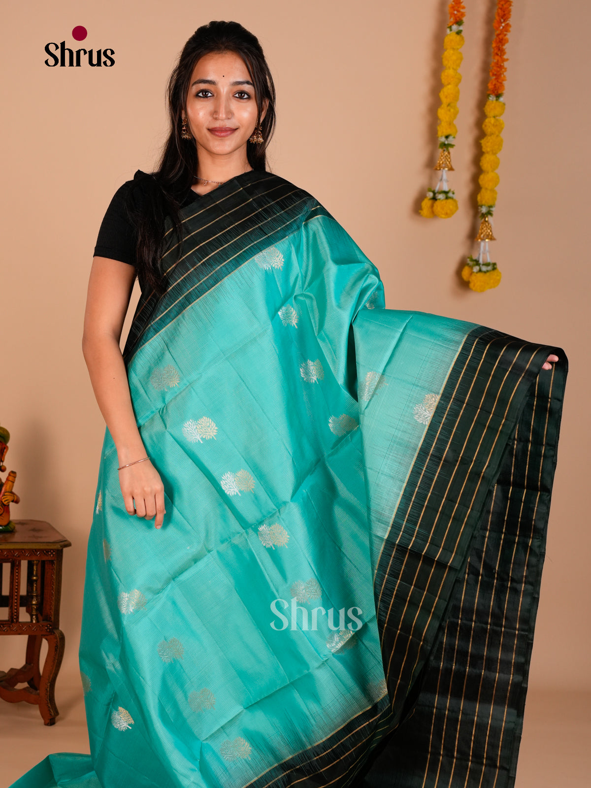 Buy Luminous Sky Blue Pure Soft Silk Saree with Gold & Silver Zari Woven Motifs & Dark Green Pallu