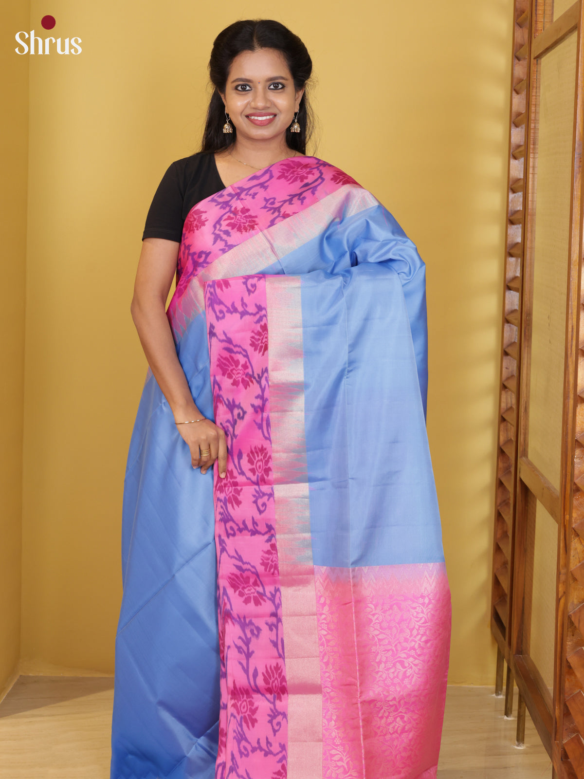 Buy Breezy Sky Blue Soft Silk Saree With Plain Body, Pink Border With Pochampally Ikat Pattern