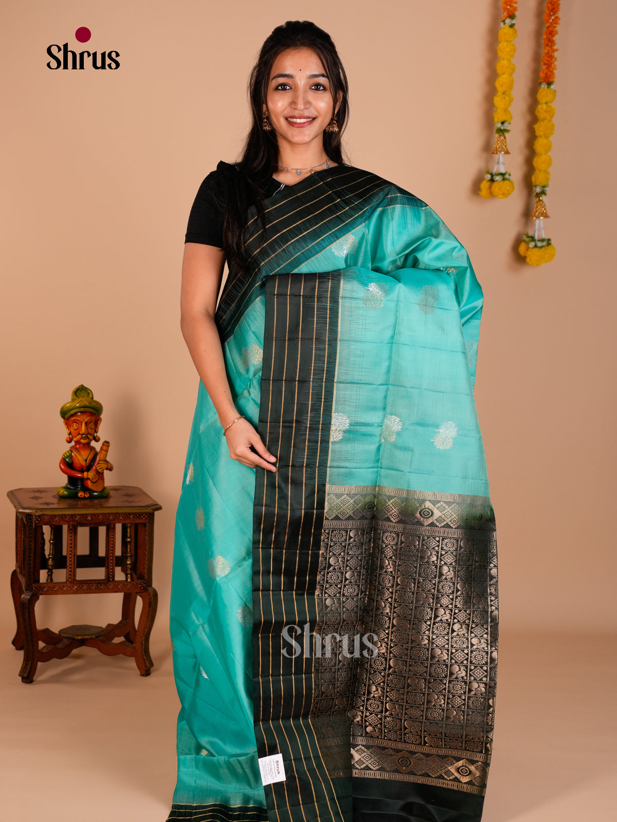 Buy Luminous Sky Blue Soft Silk Saree with Gold & Silver Zari Woven Motifs & Dark Green Pallu