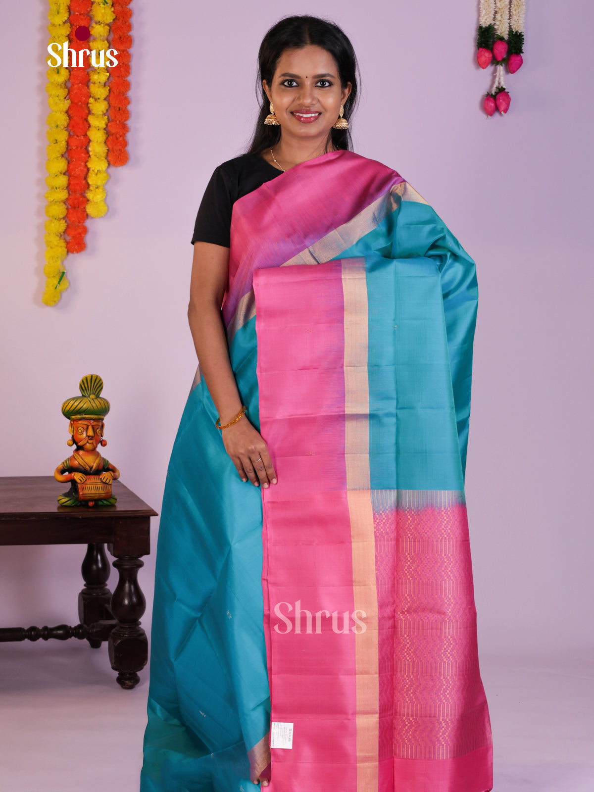 Buy Breezy Sky Blue Soft Silk Saree with Zari Buttas, Light Pink Border & Brocade Pallu