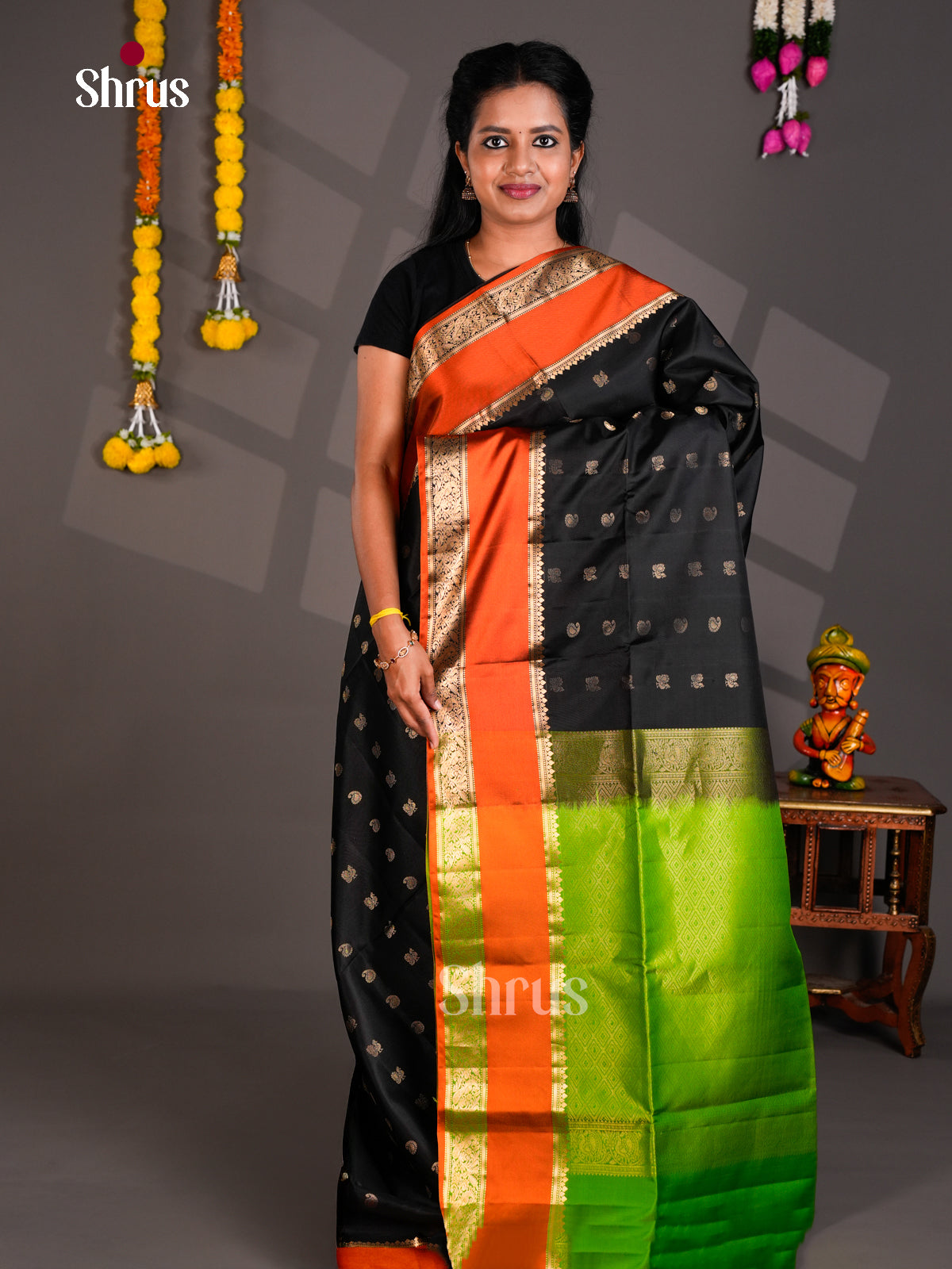 Buy Striking Black Soft Silk Saree With Zari Buttas, Orange Rettaipet Border & Neon Green Pallu
