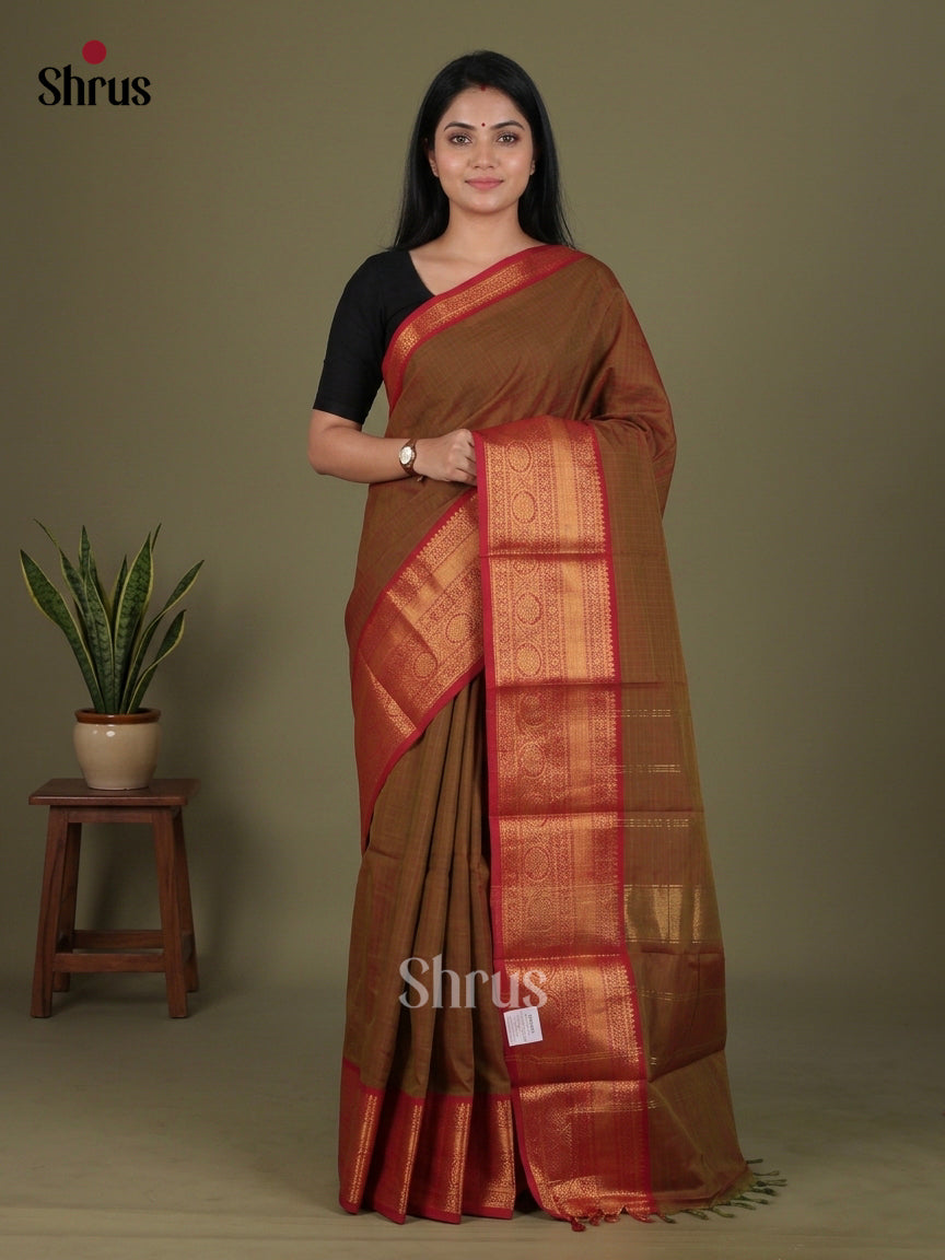 Striking Brown Chettinad Saree With Subtle Horizontal Lines & Red Broad Zari Border