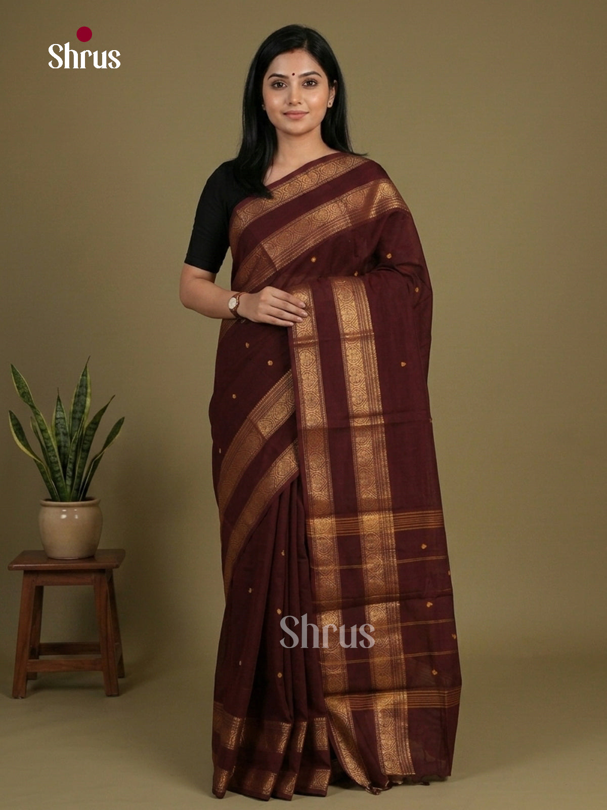 Striking Dark Maroon Chettinad Cotton Saree With Buttas, Rettapet Zari Border & Pallu