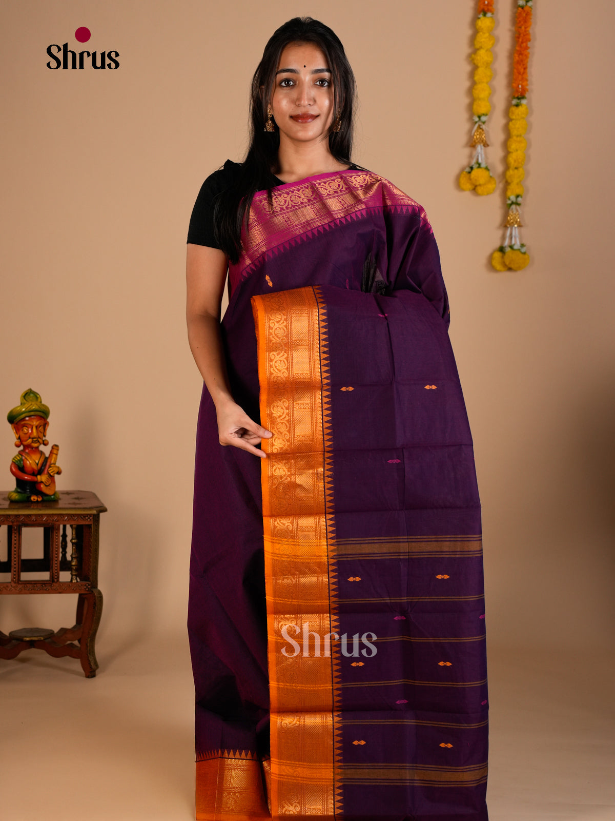 Striking Deep Purple Chettinad Cotton Saree With Buttas & Zari Border With Floral Vines