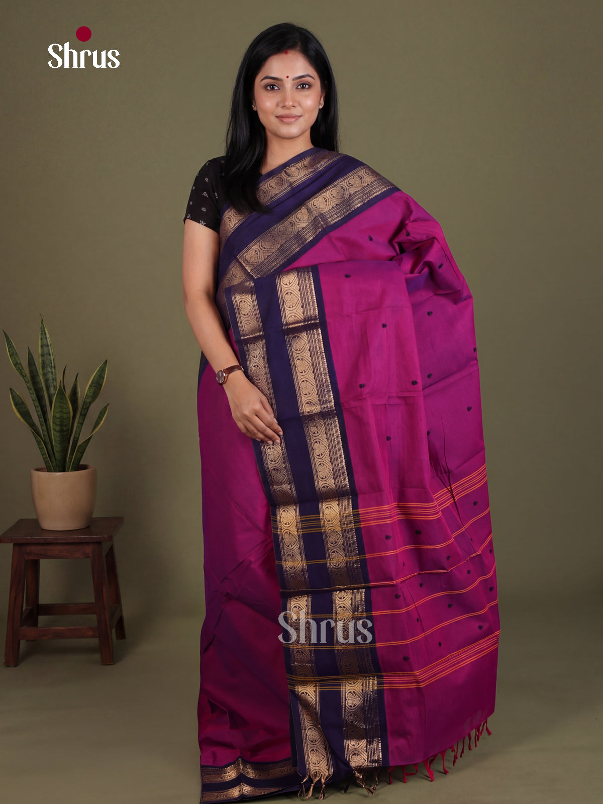 Striking Magenta Chettinad Cotton Saree With Thread Buttas & Navy Blue Rettapet Zari Border