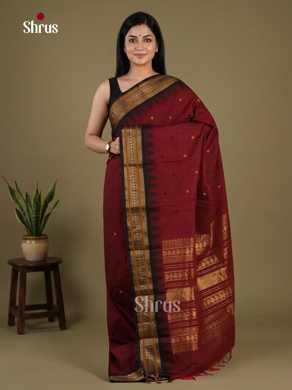 Striking Maroon Chettinad Cotton Saree With Thread Buttas & Black Temple Zari Border