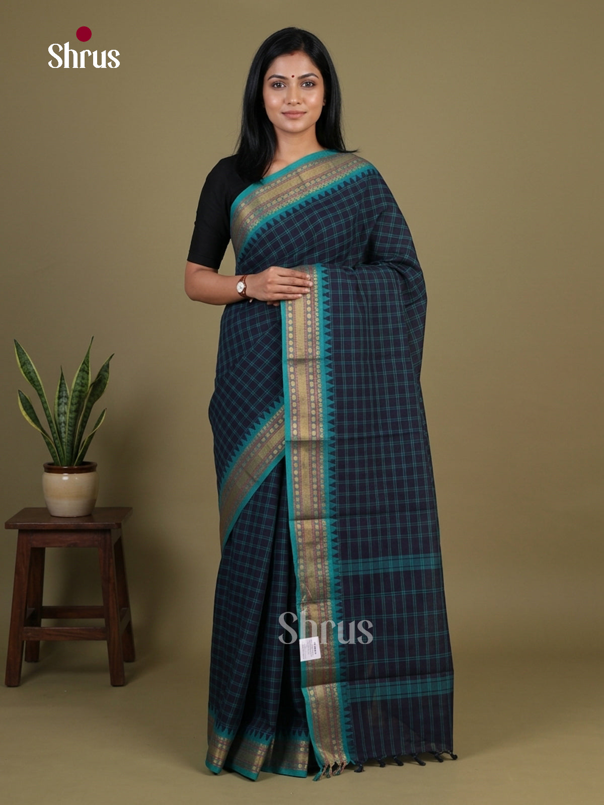Striking Navy Blue Chettinad Cotton Saree With Checks & Turquoise Temple Zari Border