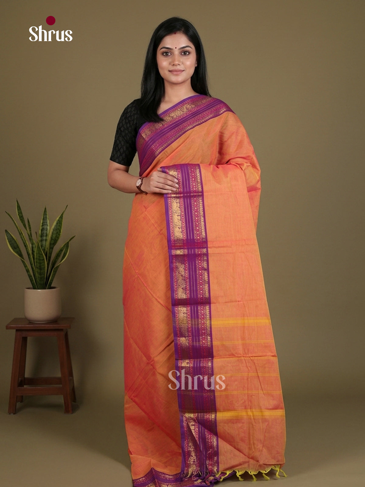 Striking Orange Chettinad Cotton Saree With Plain Body & Purple Rettapet Zari Border - Shop on Shrus.com
