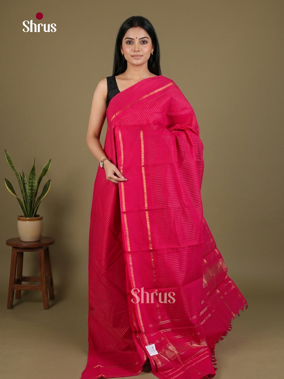 Striking Pink Chettinad Cotton Saree With Stripee, Rettapet Zari Border & Traditional Pallu