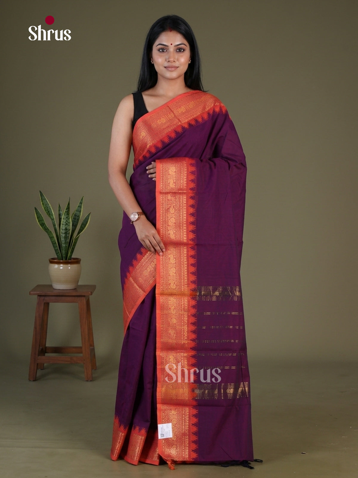 Striking Purple Chettinad Cotton Saree With Plain Weave & Coral Orange Temple Zari Border