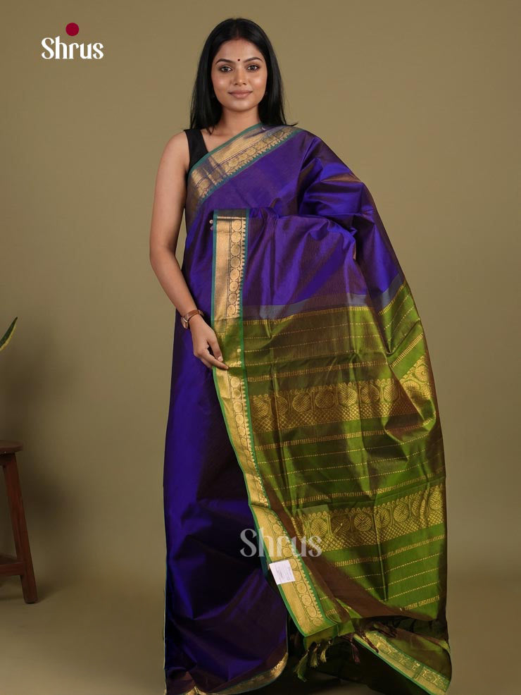 Striking Purple Cotton Silk Saree With Plain Body, Light Green Zari Border & Chit Pallu