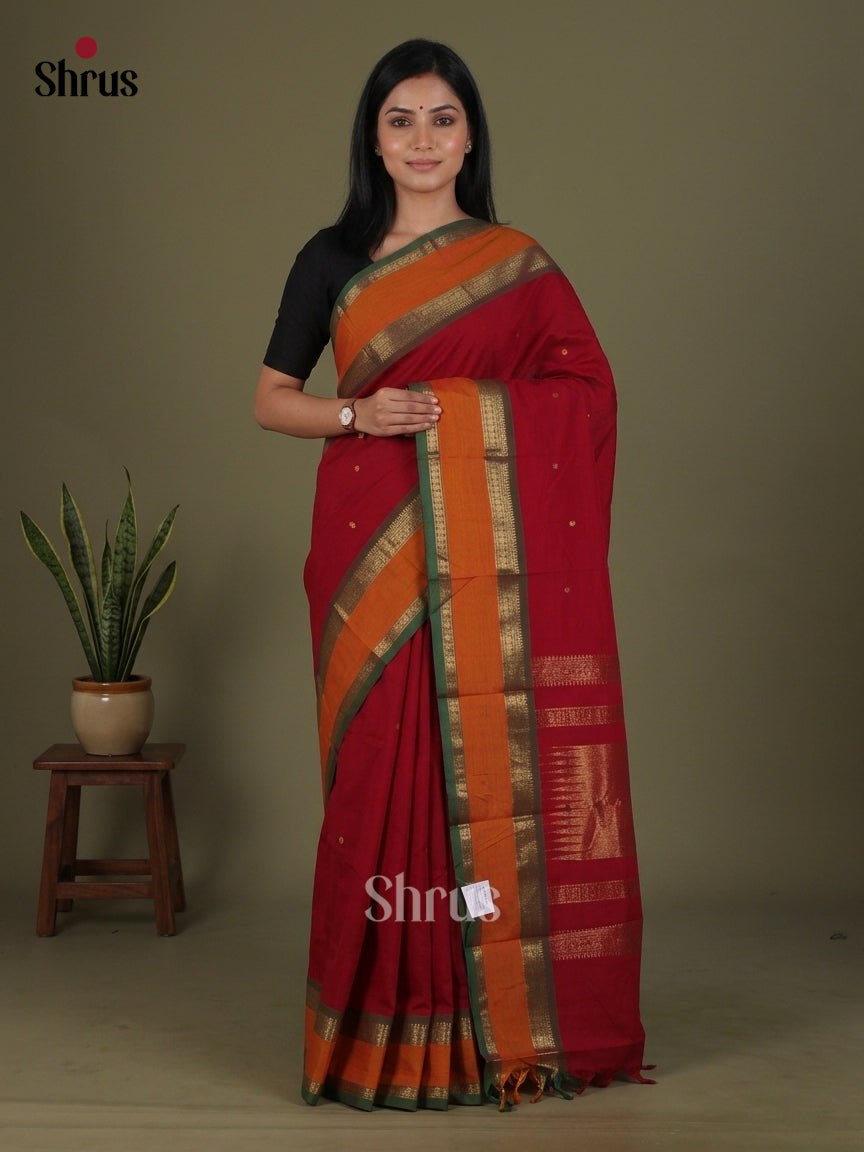 Striking Red Chettinad Cotton Saree With Small Buttas & Green Rettapet Border With Orange Band