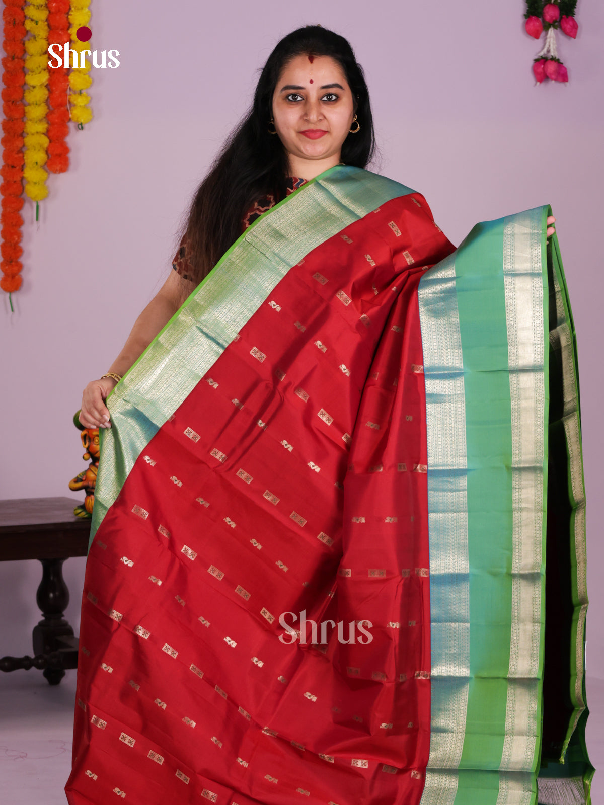 Striking Red Kanchipuram silk Saree With Zari Buttas & Teal Green Rettaipet Zari Border 