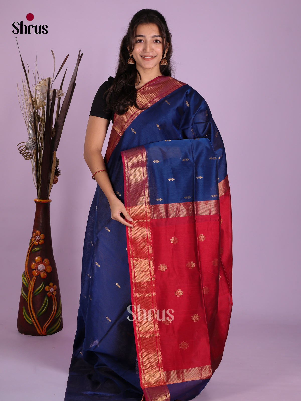 Striking Royal Blue Maheshwari Silk Cotton Saree With Gold Buttas, Red Zari Border & Pallu