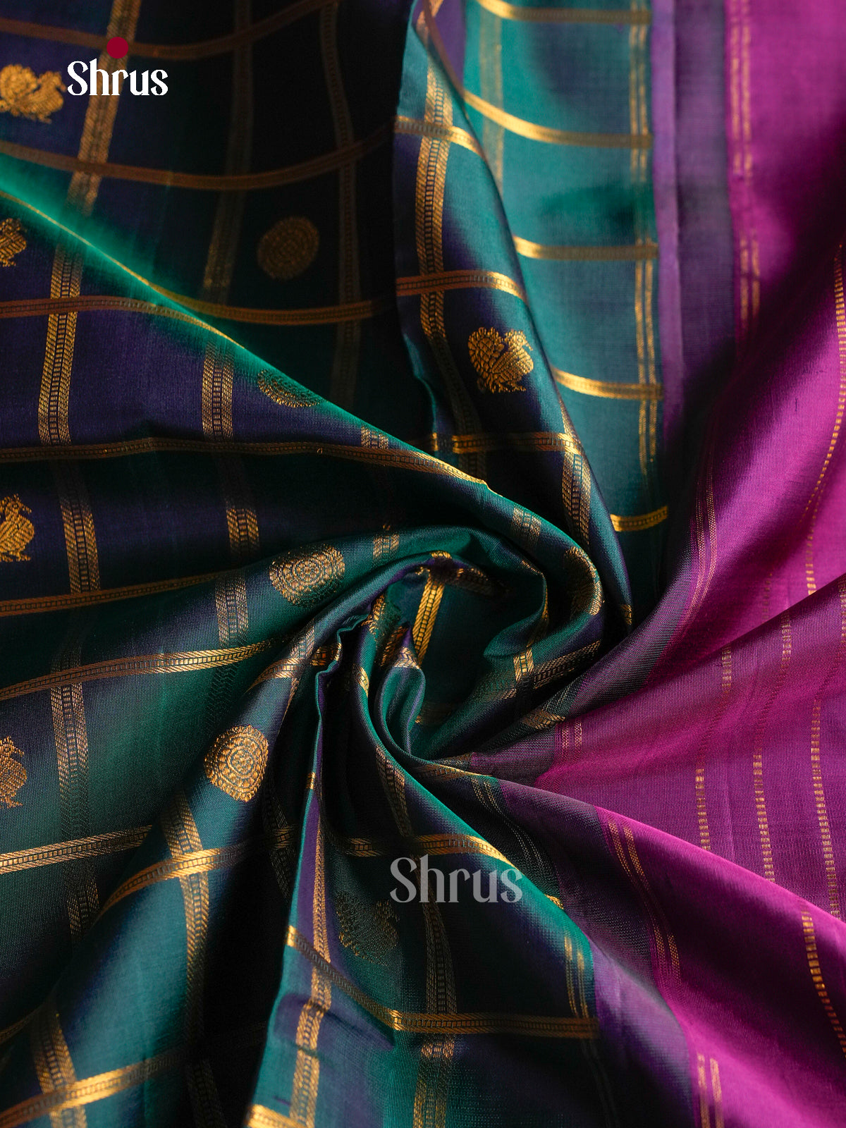 Striking Teal Green 9Yards Pattu Saree With Checks & Buttas | Purple Rettapet Zari Border