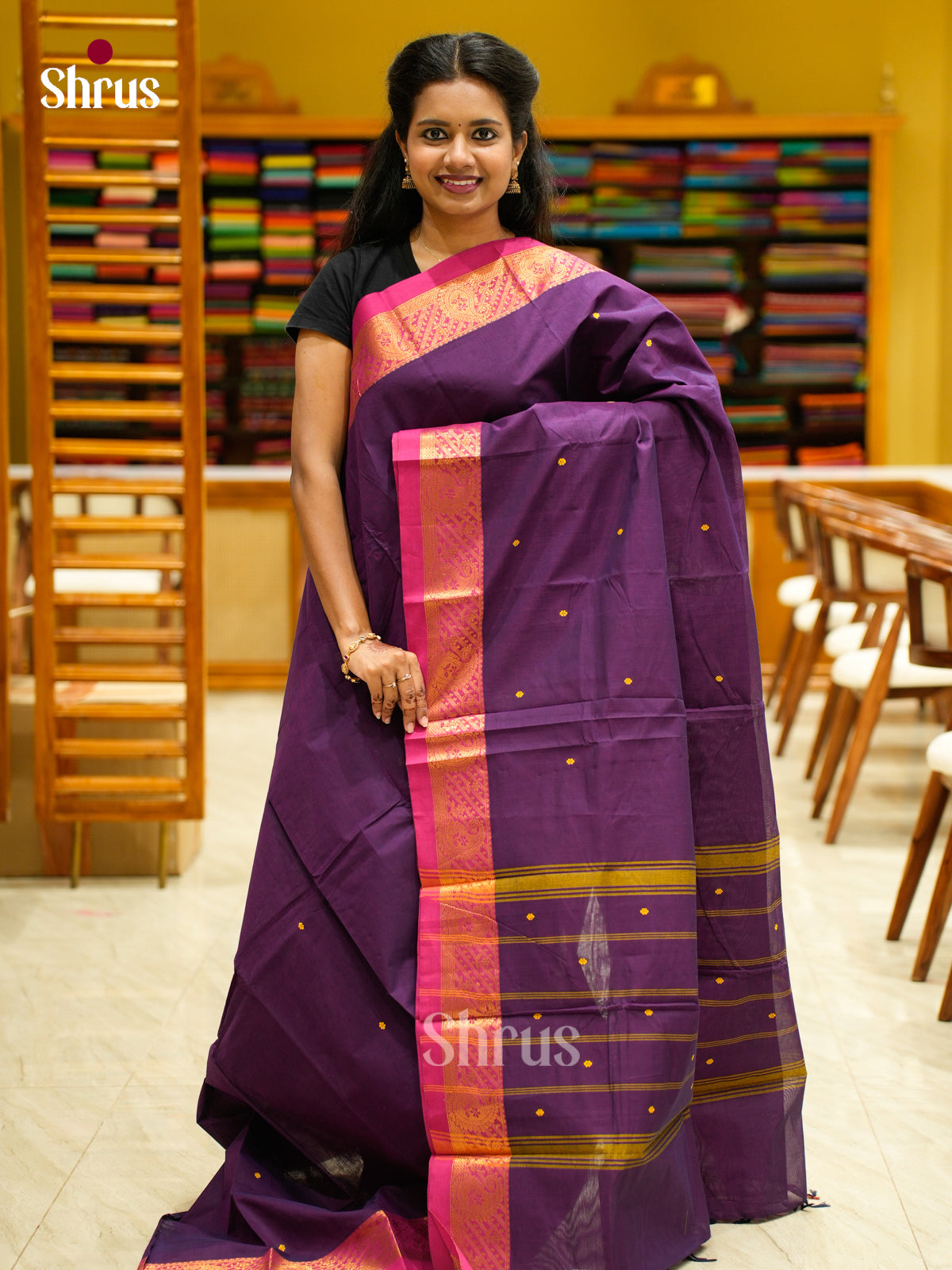 Striking Violet Chettinad Cotton Saree With Thread Buttas & Pink Zari Border