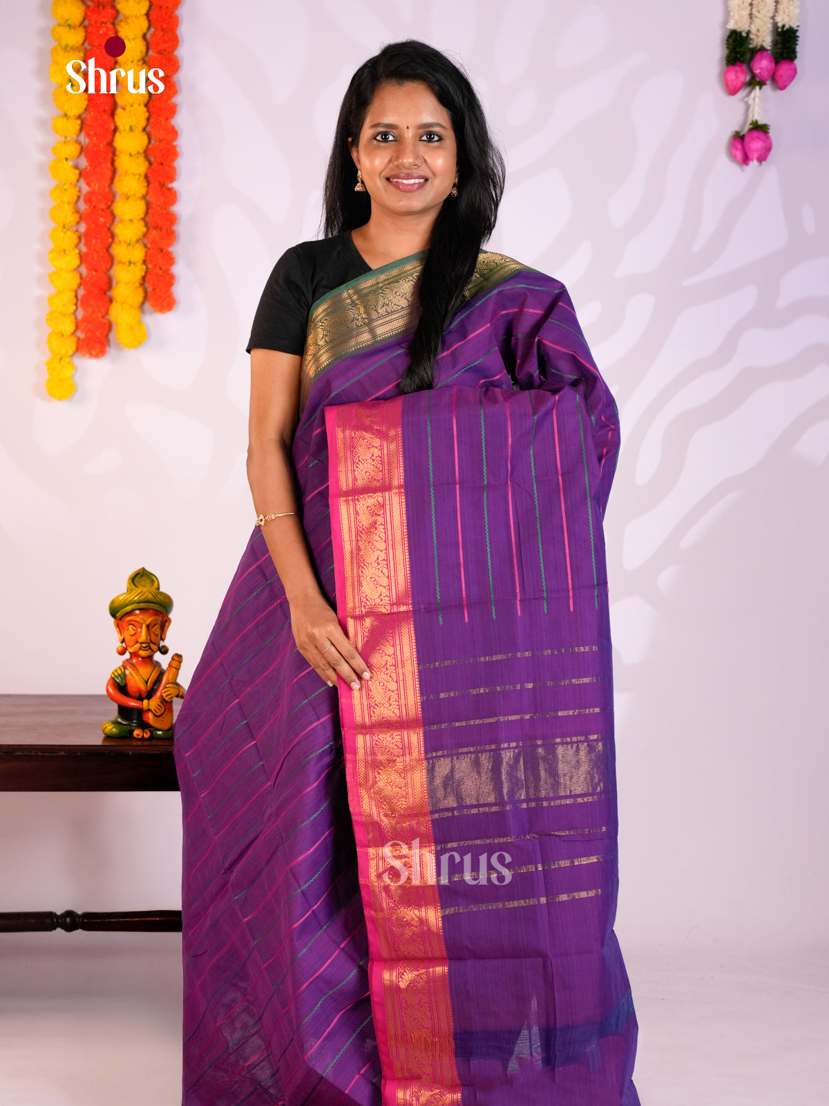 Striking Violet Chettinad Cotton Saree With Thread Woven Stripes & Zari Border & Pallu