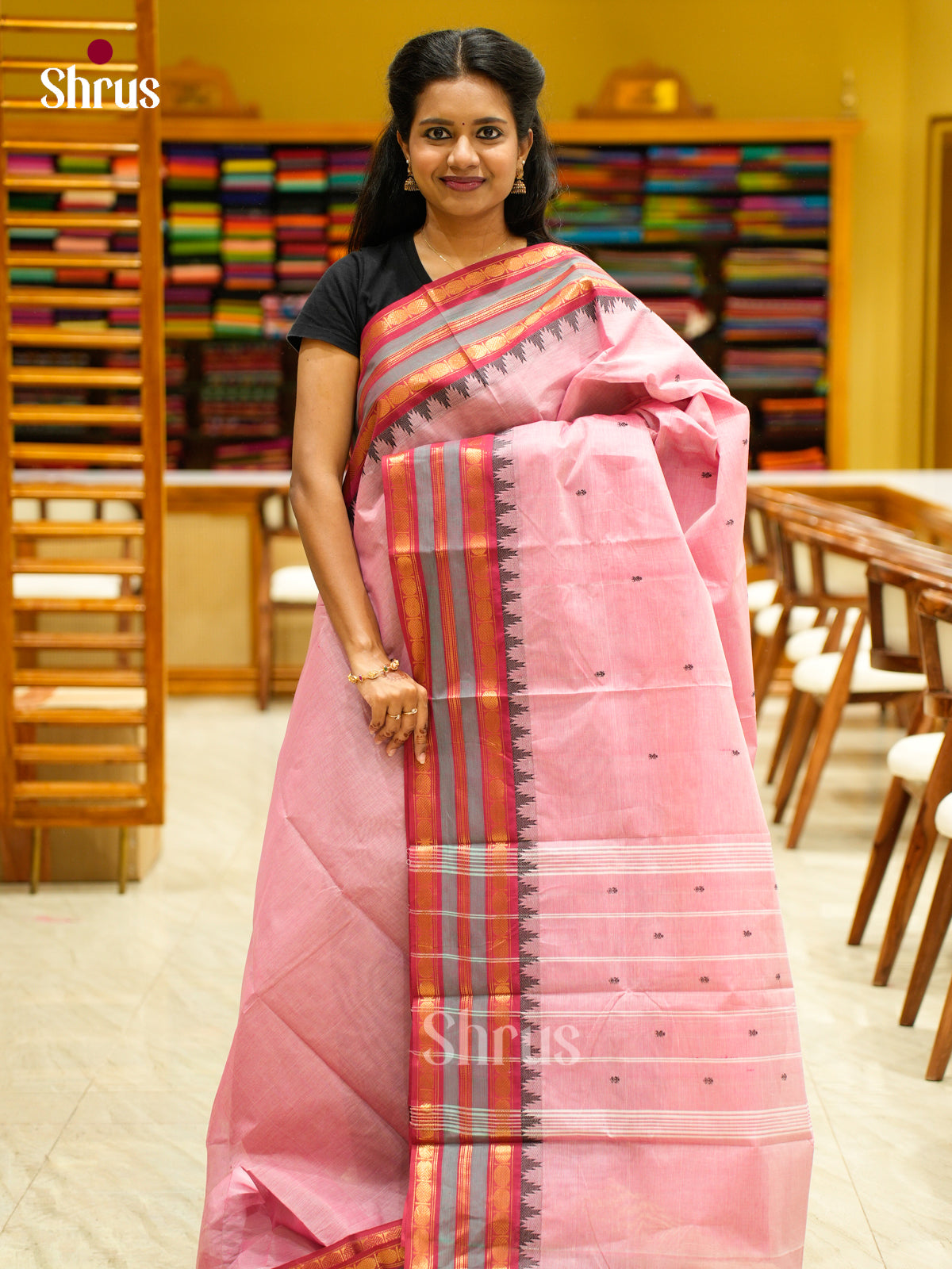 Stunning Baby Pink Chettinad Cotton Saree With Thread Buttas & Red Temple Zari Border