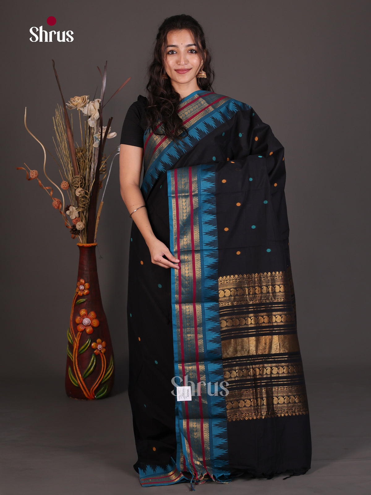 Stunning Black Chettinad Cotton Saree With Thread Buttas & Blue Temple Zari Border