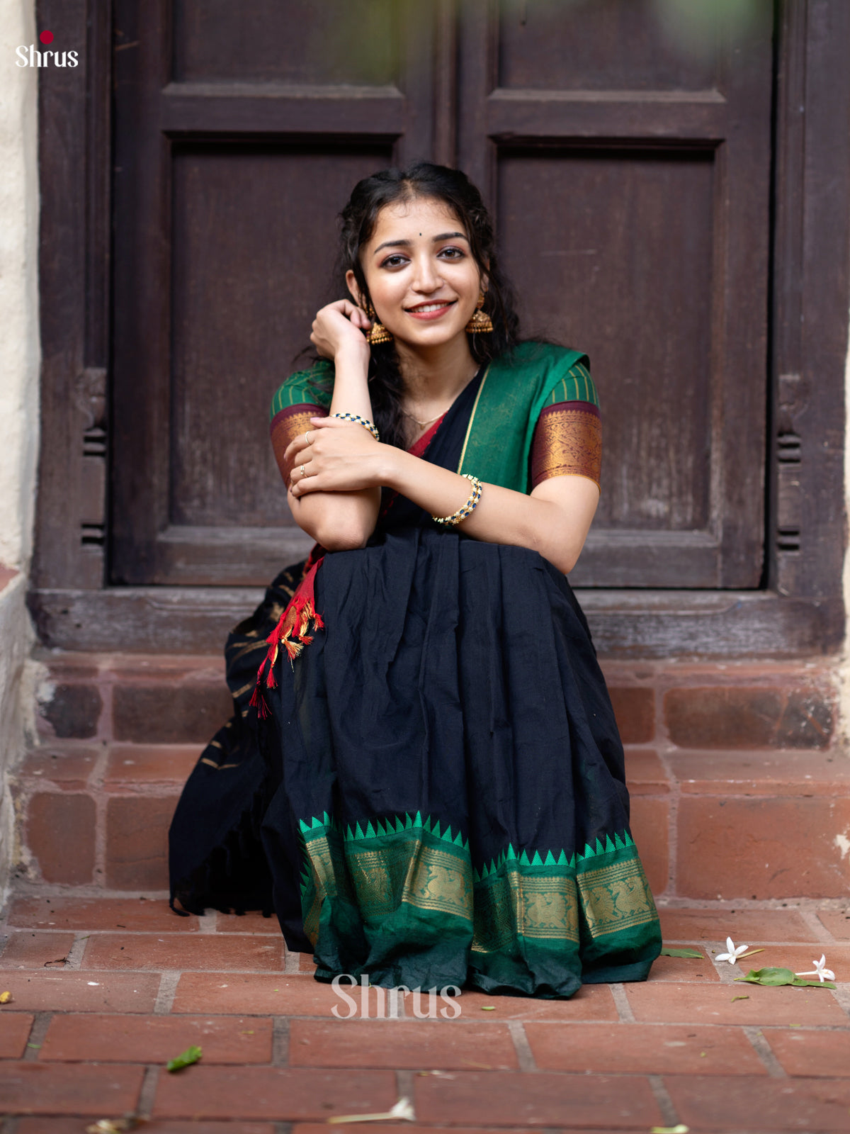 Stunning Black Chettinad Saree With Red & Green Ganga Jamuna Zari Woven Border