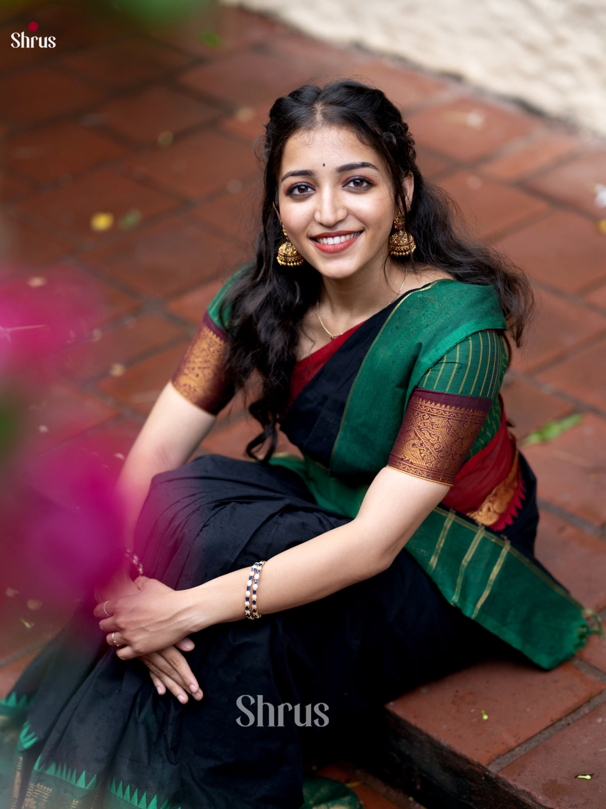 Stunning Black Chettinad Sarees With Red & Green Ganga Jamuna Zari Woven Border