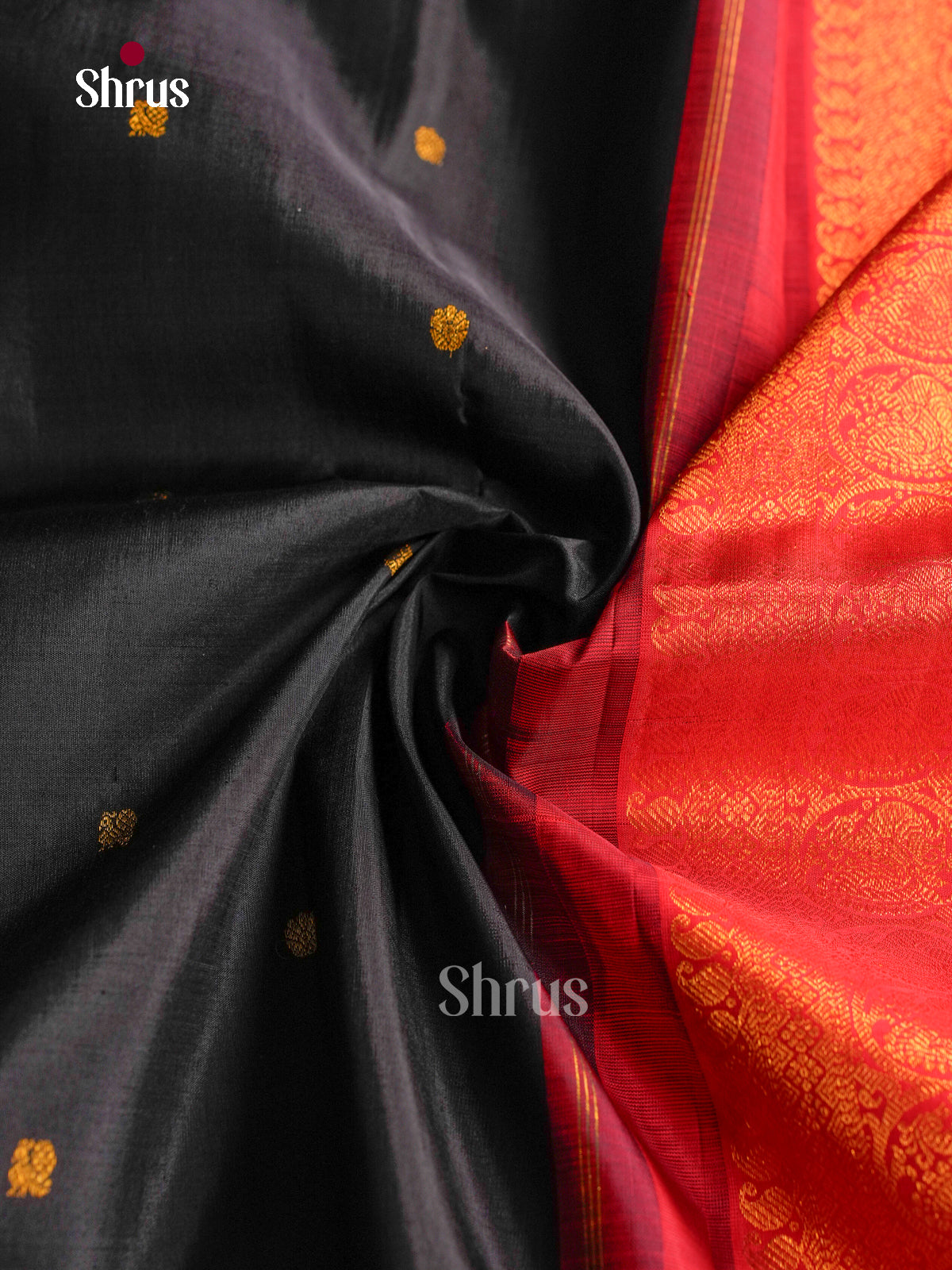 Stunning Black Silk Saree With Golden Buttas | Red Zari Border & Brocade Pallu
