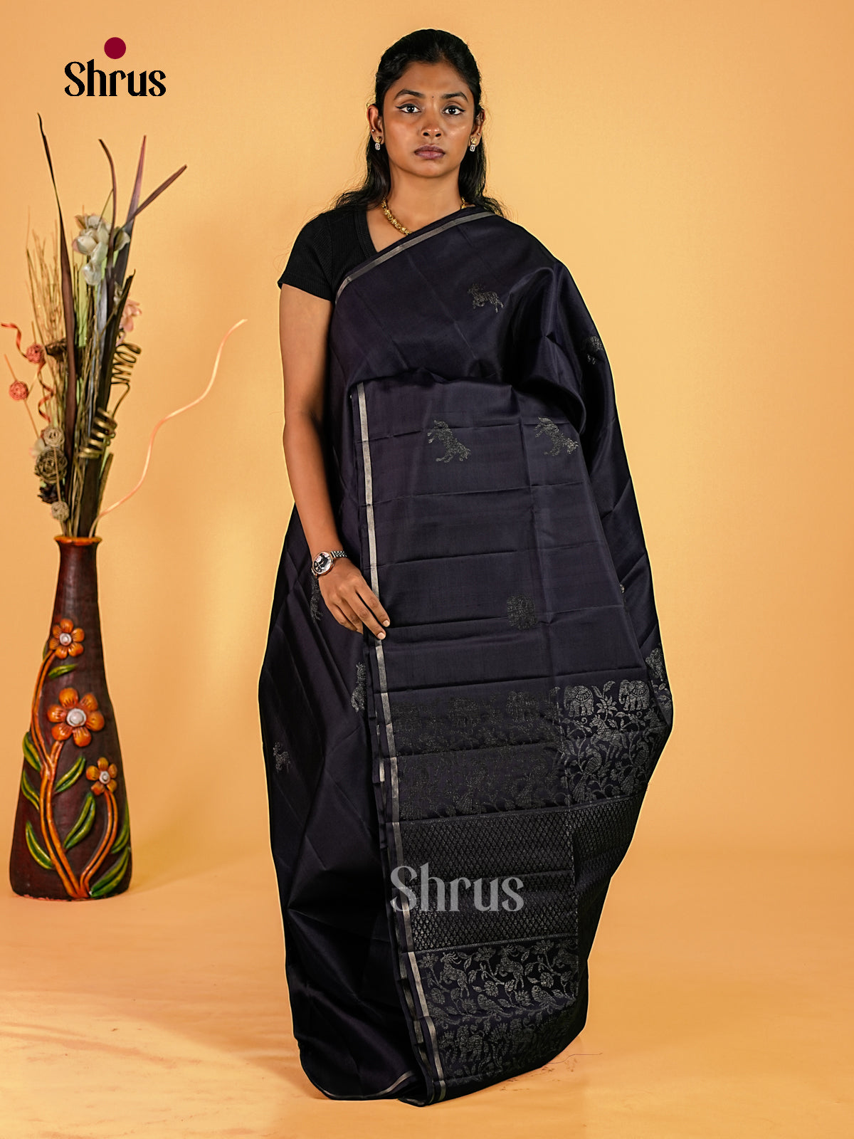 Stunning Dark Navy Soft Silk Sarees with Silver Zari Buttas, Thin Zari Border & Brocade Pallu