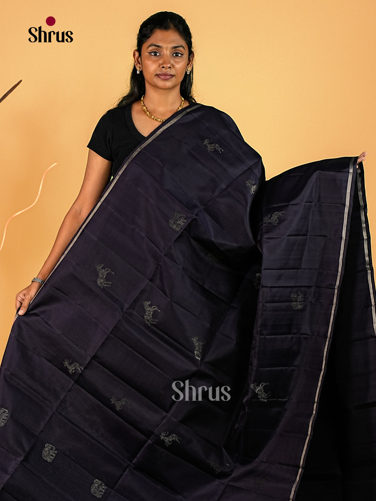 Stunning Dark Navy Soft Silk Sarees with Silver Zari Buttas, Thin Zari Border & Brocade Pallu 1