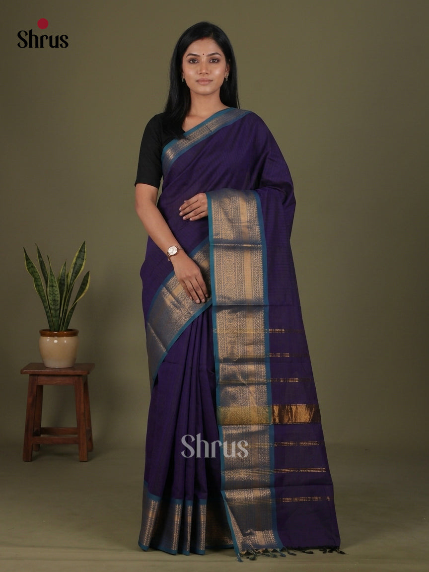 Stunning Deep Indigo Chettinad Cotton Saree With Solid Body & Peacock Blue Zari Border
