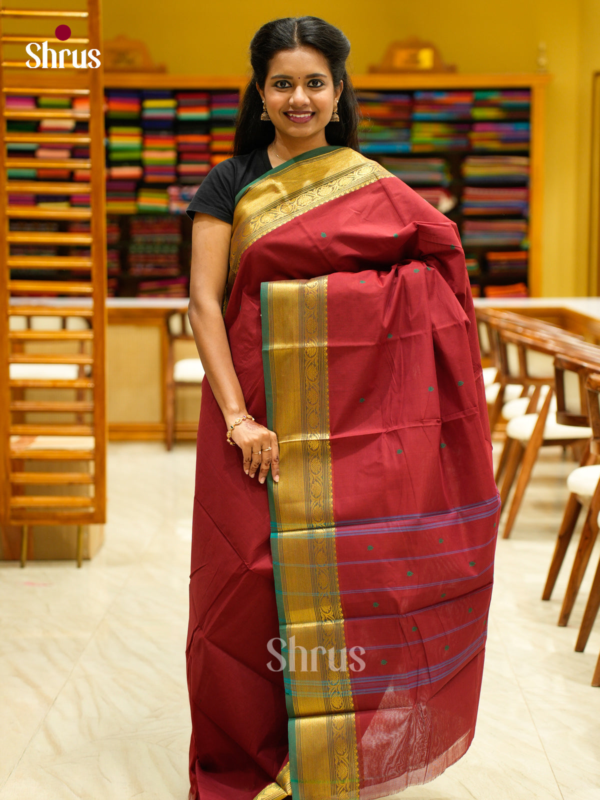 Stunning Deep Red Chettinad Cotton Saree With Thread Buttas & Green Zari Border