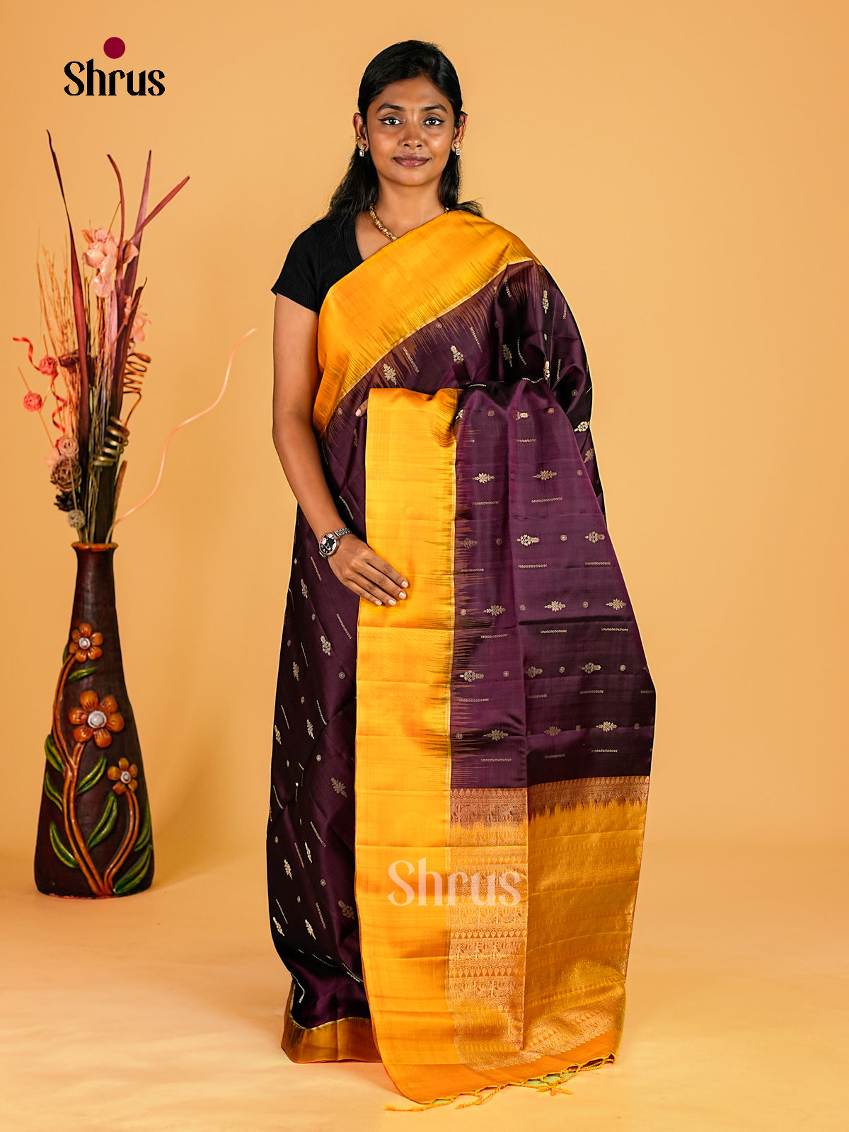 Stunning Deep Wine Soft Silk Sarees With Floral Buttas, Mustard Yellow Border & Brocade Pallu