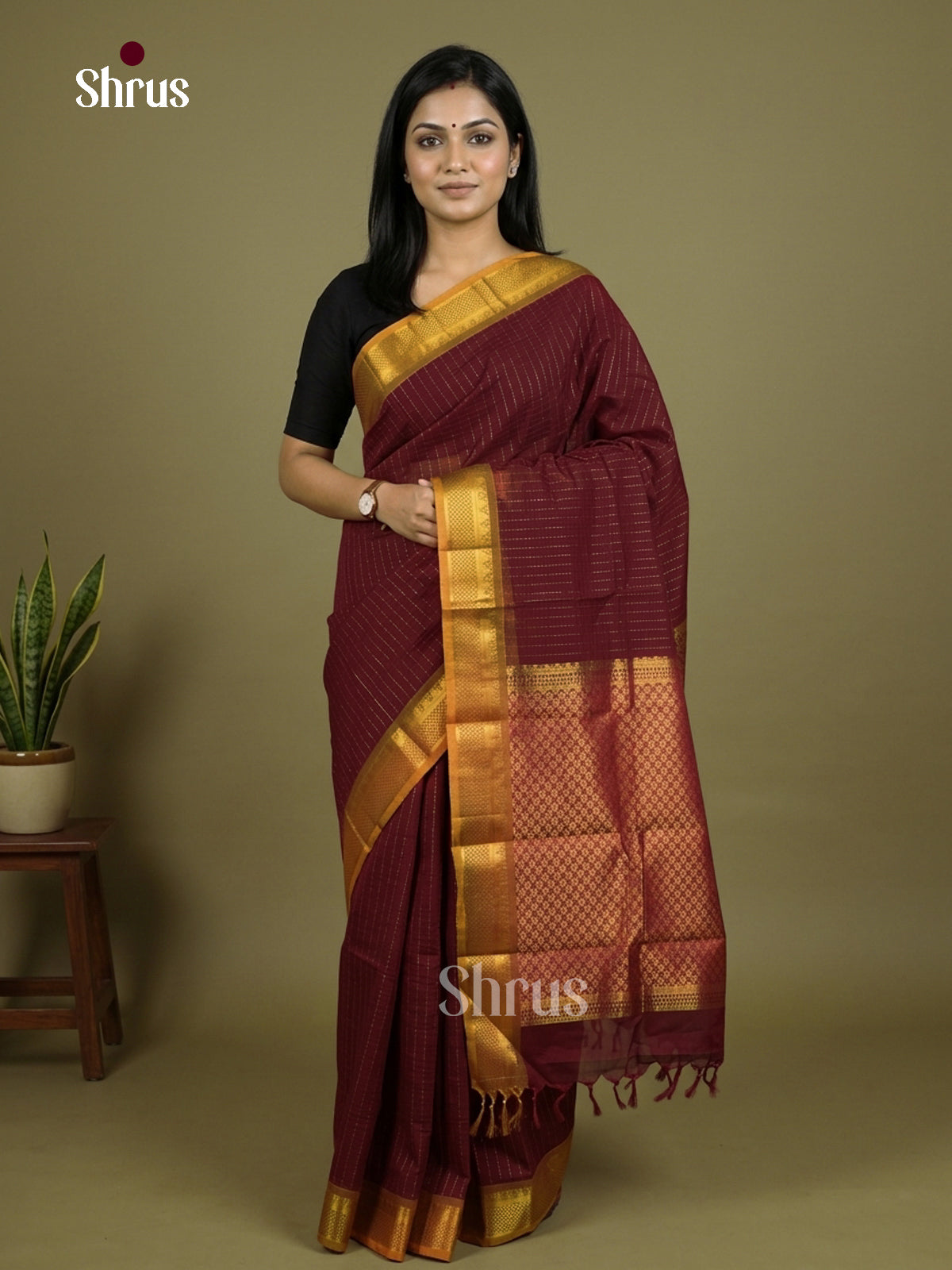 Stunning Maroon Chettinad Cotton Saree With Gold Stripes & Mustard Temple Zari Border