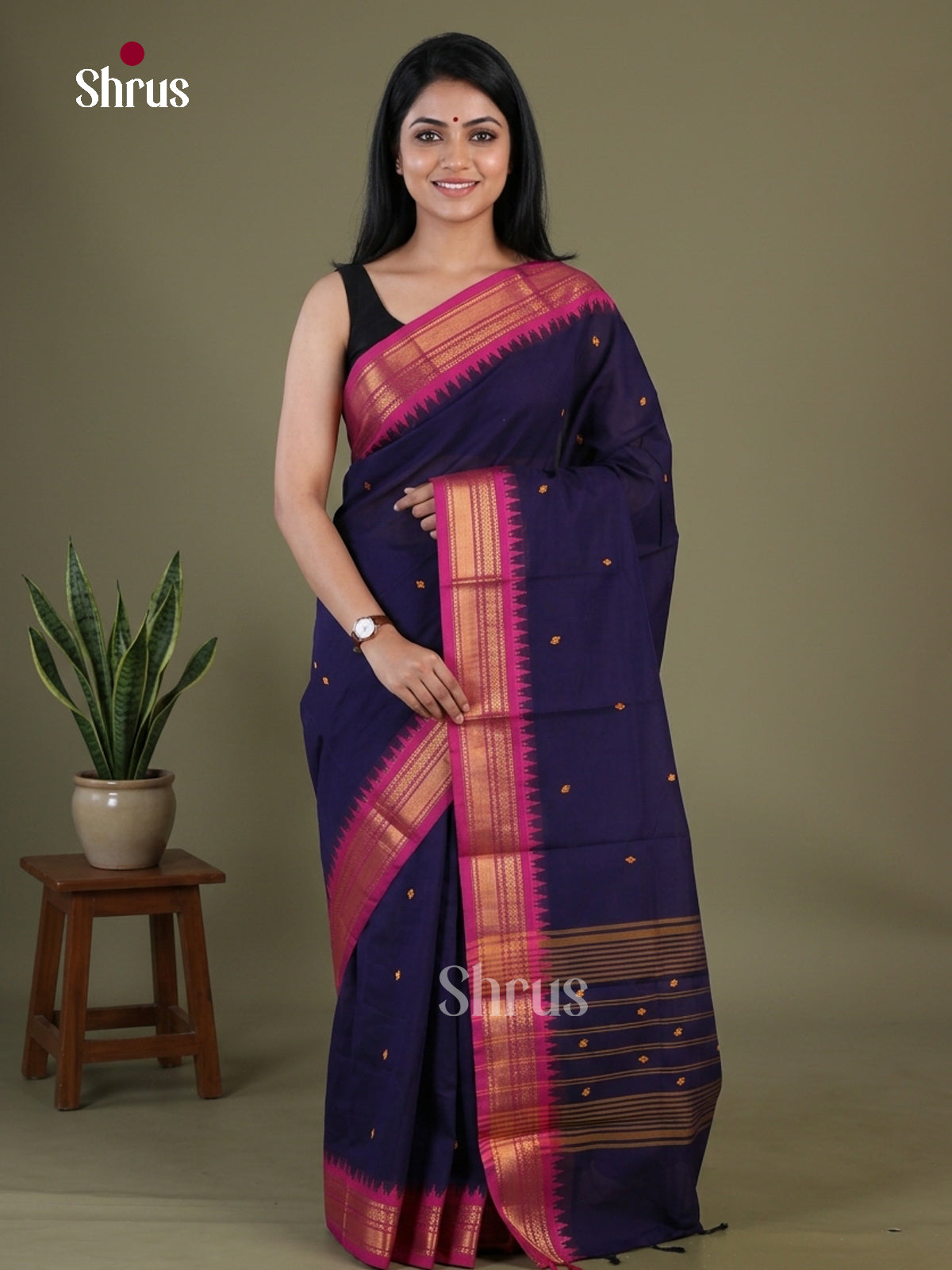 Stunning Navy Blue Chettinad Cotton Saree With Buttas & Pink Zari Temple Border