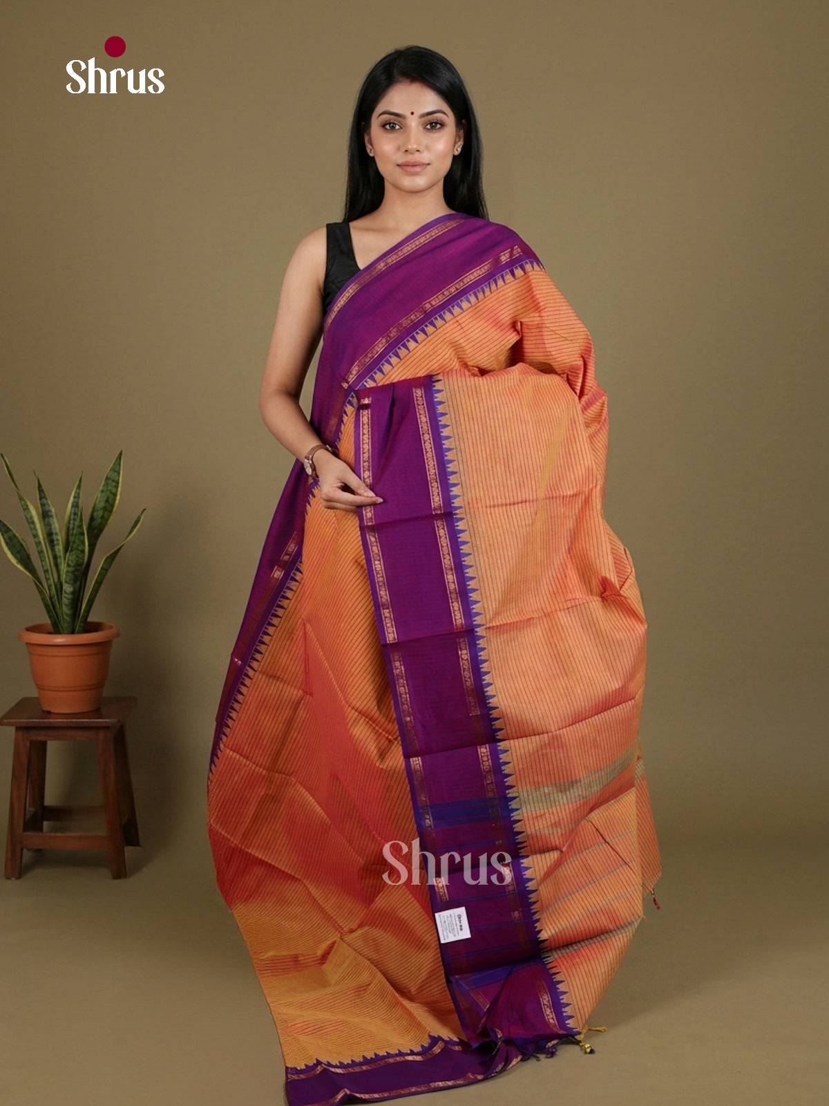 Stunning Orange Chettinad Cotton Saree With Stripes & Purple Rettapet Temple Zari Border