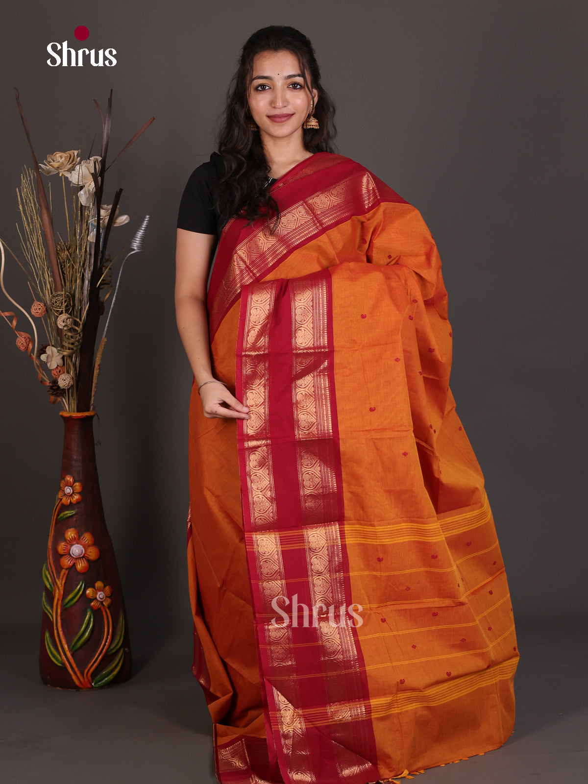Stunning Orange Chettinad Cotton Saree With Thread Buttas & Maroon Rettapet Zari Border