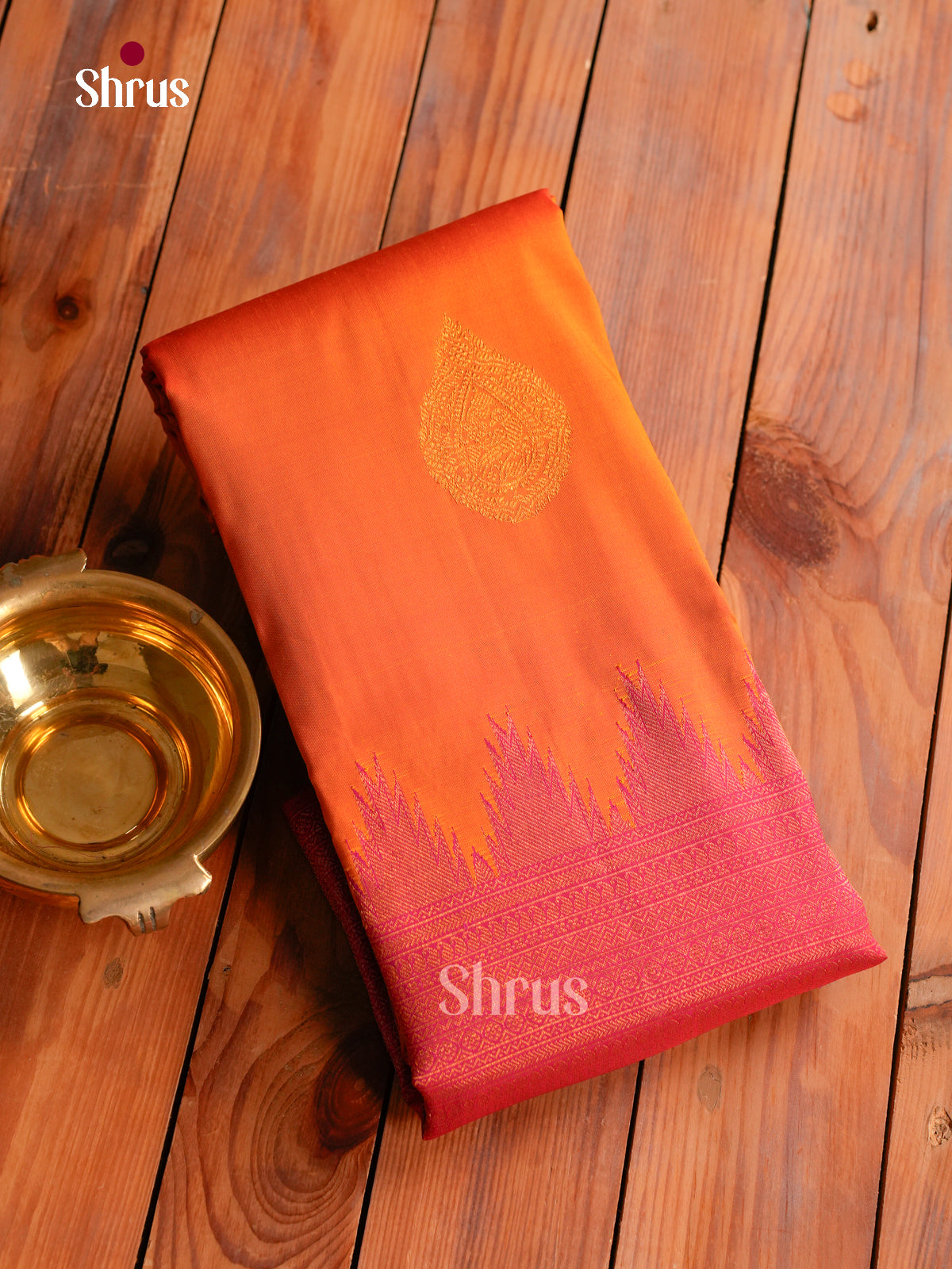Stunning Orange Kanchipuram Silk Saree With Zari Thilagam Motifs | Pink Temple Zari Border