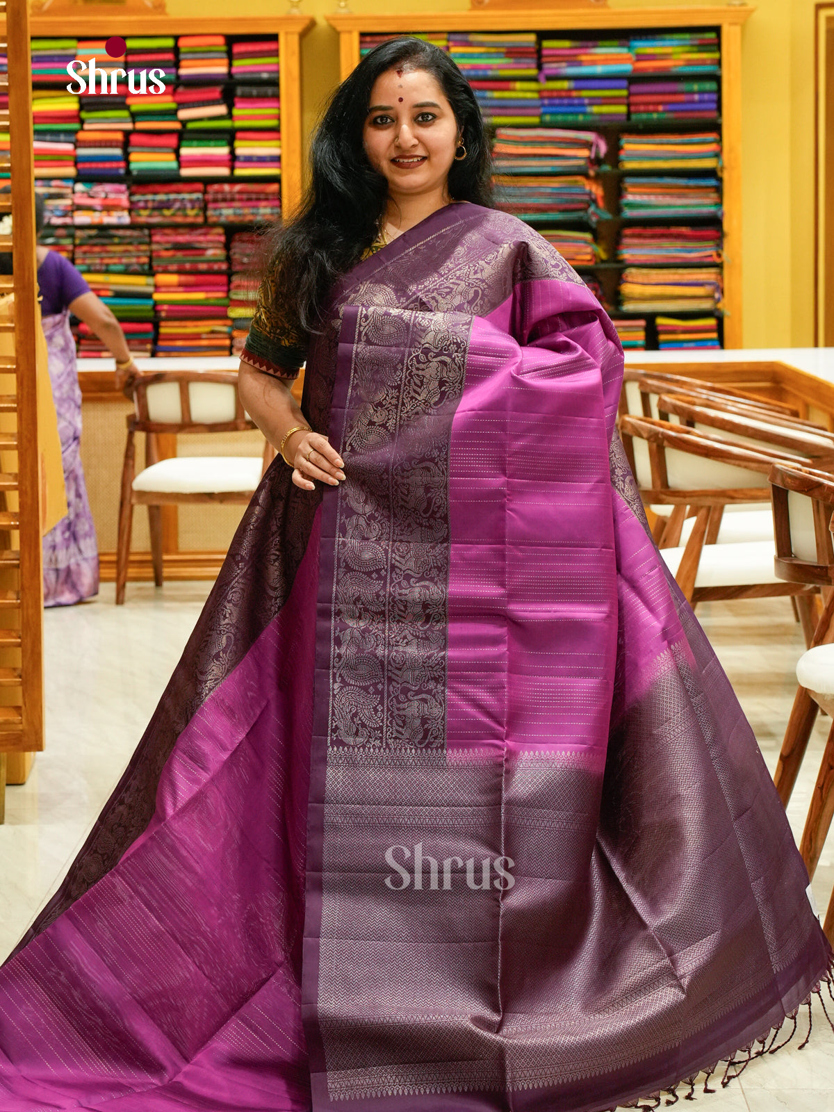 Stunning Pink Soft Silk Saree with Dotted Silver Lines | Deep Purple Contrast Border 