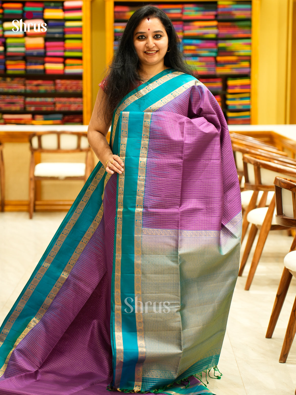 Buy Stunning Purple Soft Silk Saree With Micro Checks, Teal Green Rettapiet Border & Zari Pallu