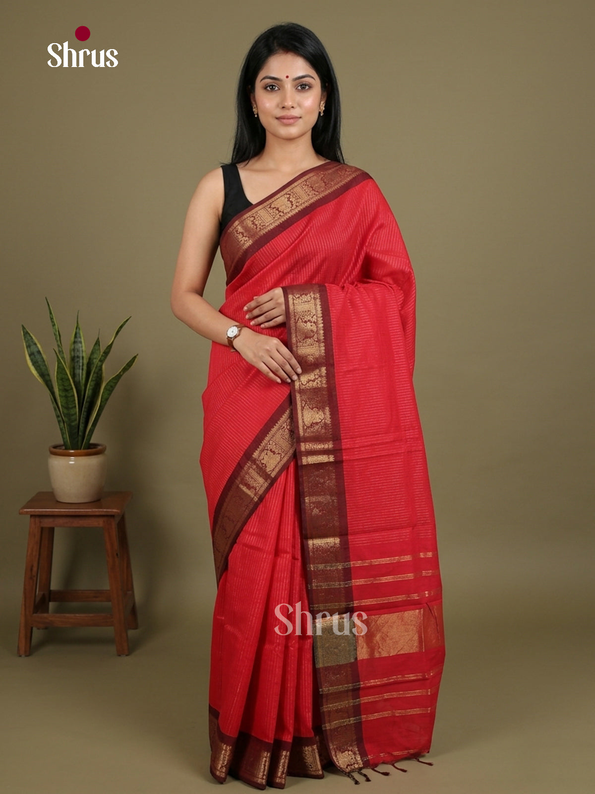 Stunning Red Chettinad Cotton Saree With Woven Stripes & Deep Maroon Zari Woven Border