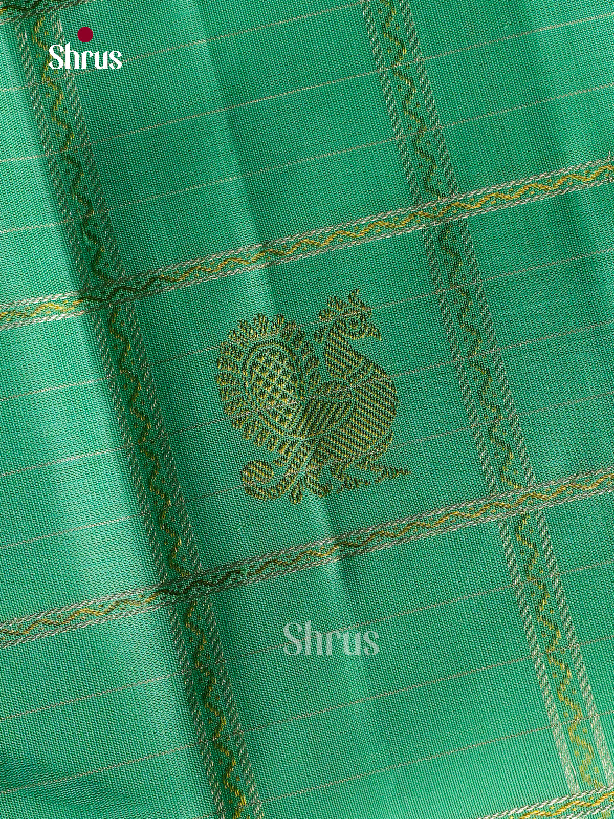 Stunning Sea Green Kanchipuram Pattu Saree With Zari Checks & Peacock Buttas | Purple Border & Pallu With Geometric Brocade Pattern
