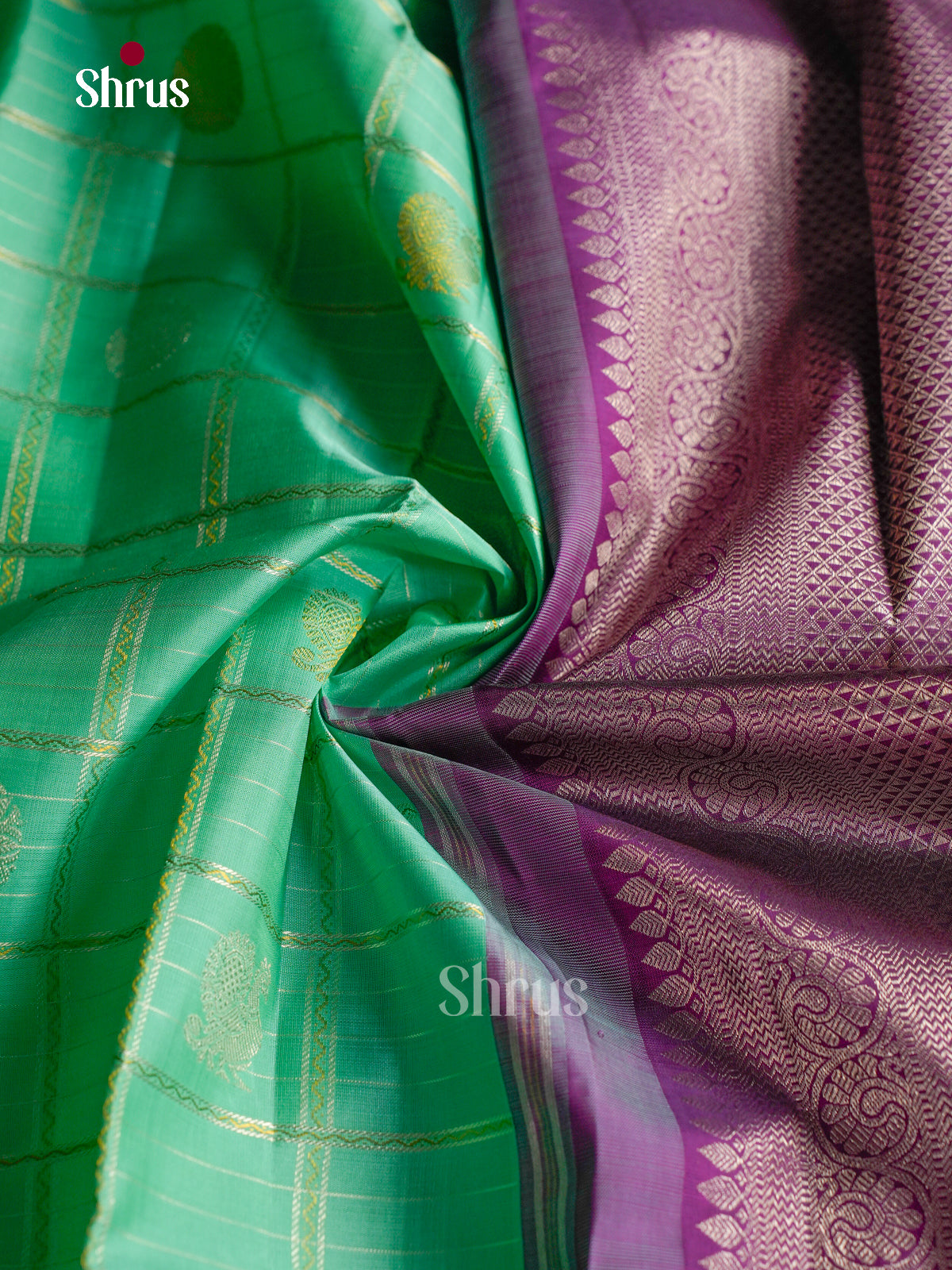 Stunning Sea Green Silk Saree With Zari Checks & Peacock Buttas | Purple Border & Pallu With Geometric Brocade Pattern