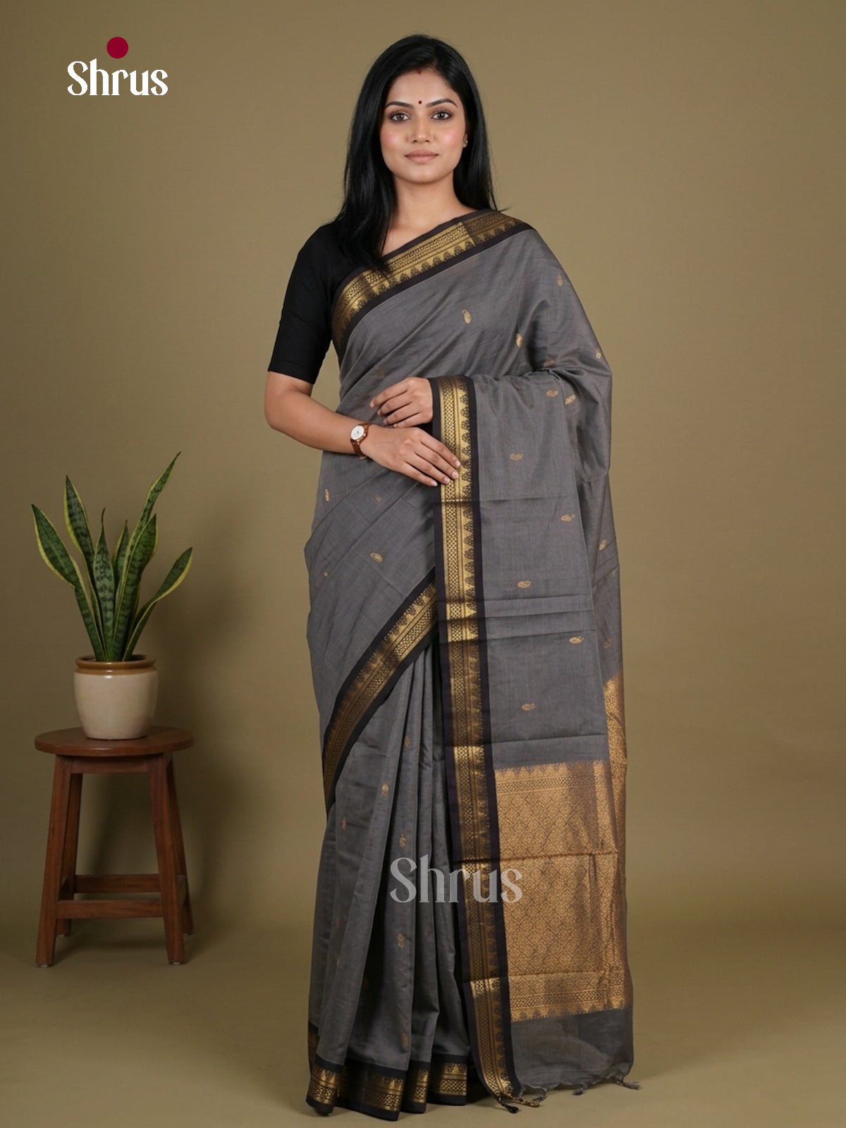 Stunning Slate Grey Chettinad Cotton Saree With Mango Buttas & Small Black Temple Zari Border