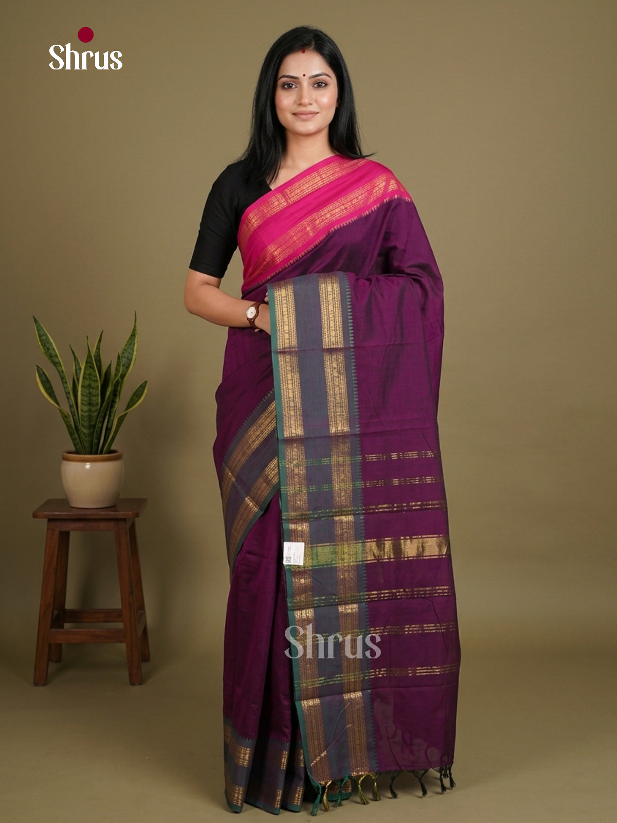 Stunning Violet Chettinad Cotton Saree With Ganga Jamuna Rettapet Zari Border & Pallu