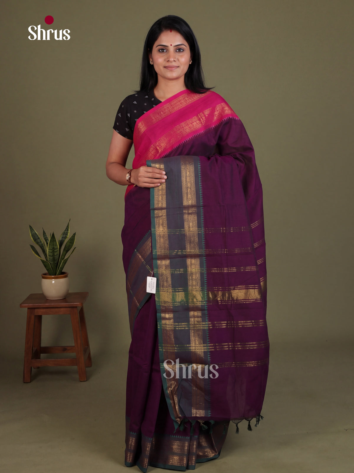 Stunning Wine Chettinad Cotton Saree With Ganga Jamuna Rettapet Zari Border & Pallu