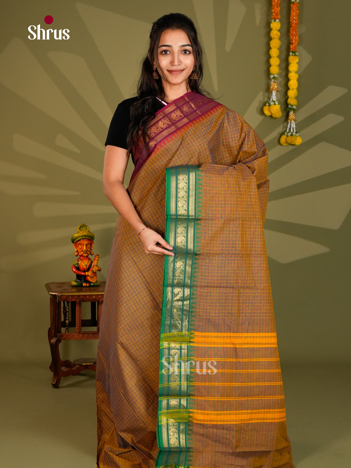 Stylish Dual Tone Brown Chettinad Cotton Saree With Thread Checks & Zari Border 